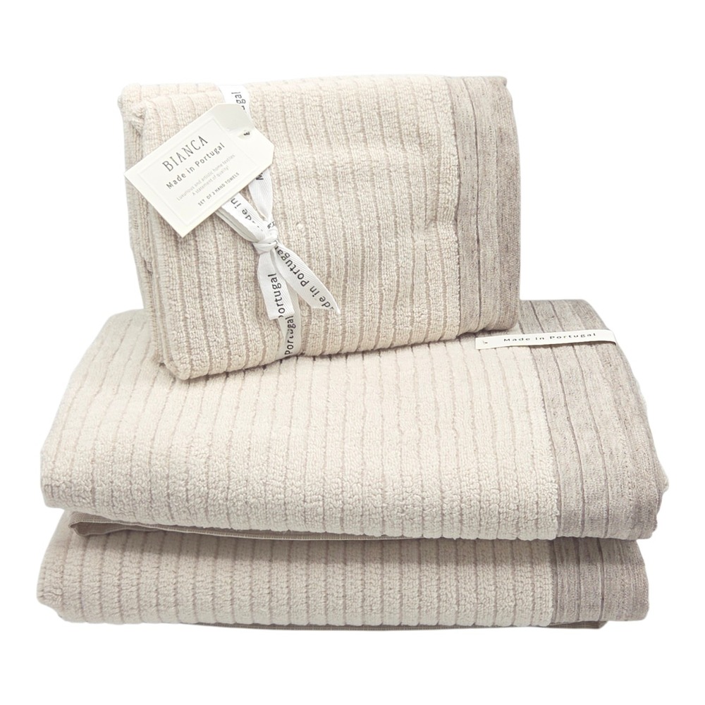 Bianca 4pc Cream And Taupe Cotton Towel Set 2 Bath 2 Hand Made in Portugal